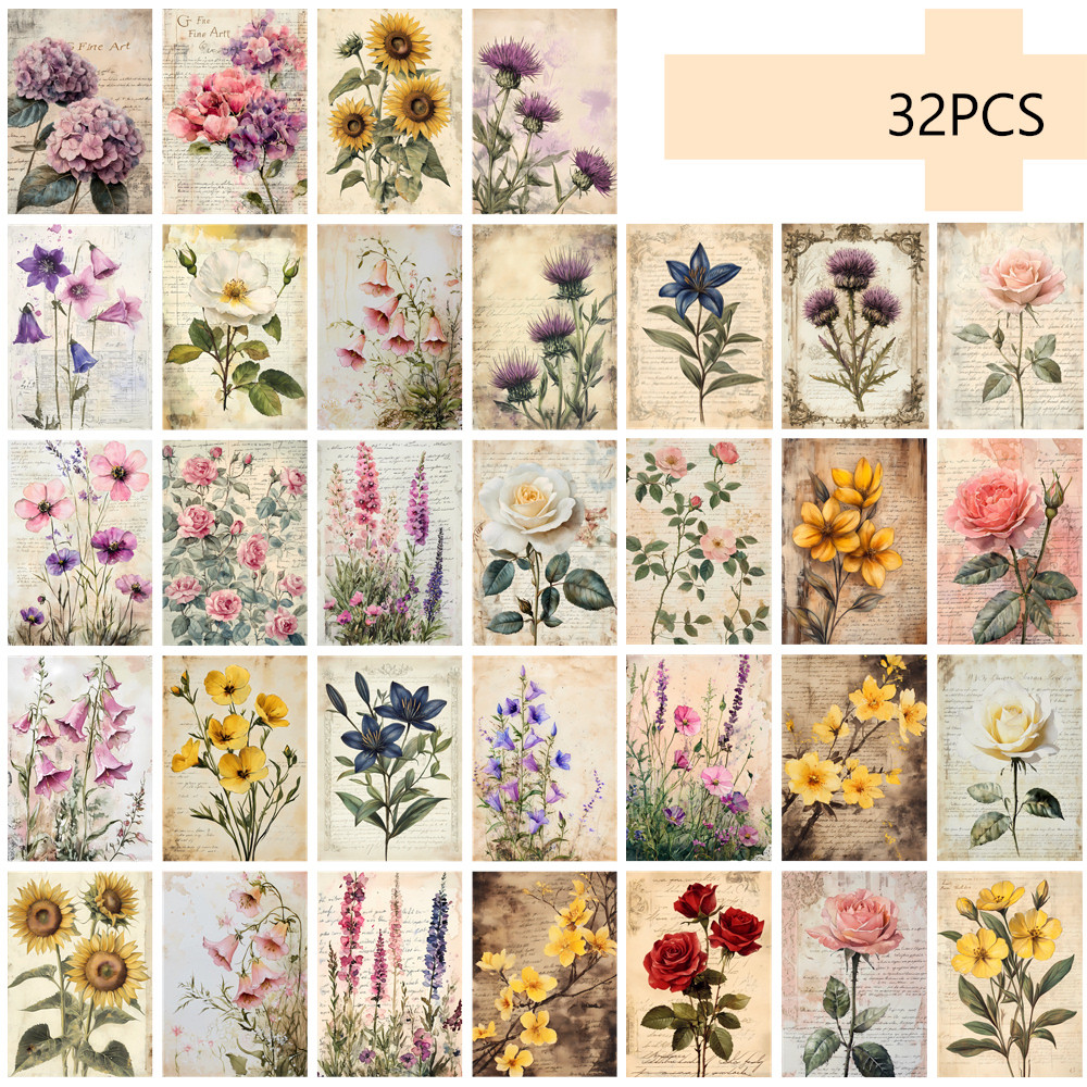 

32pcs, vintage floral postcard, room decoration sticker, handbook material, souvenir, collectible and mailable