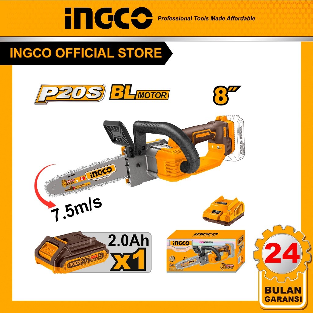 INGCO CGSLI20851 CORDLESS MESIN GERGAJI CHAINSAW BATERAI 8" 20V 2AH INGCO