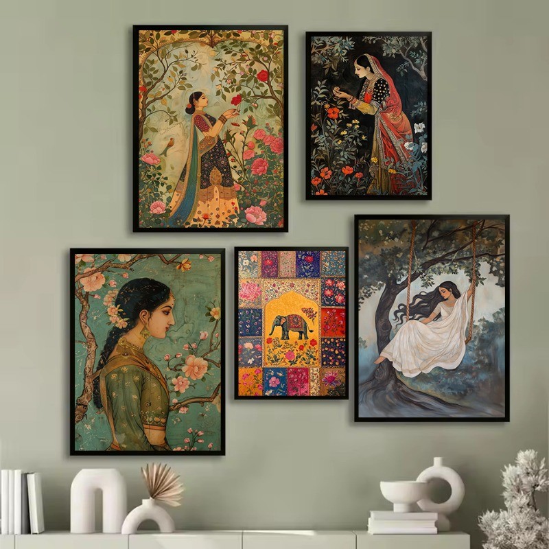 

Retro Traditional Indian Woman Lady in The Garden Animals Pattern Poster Canvas Painting Wall Art Pictures Home Interior Decor