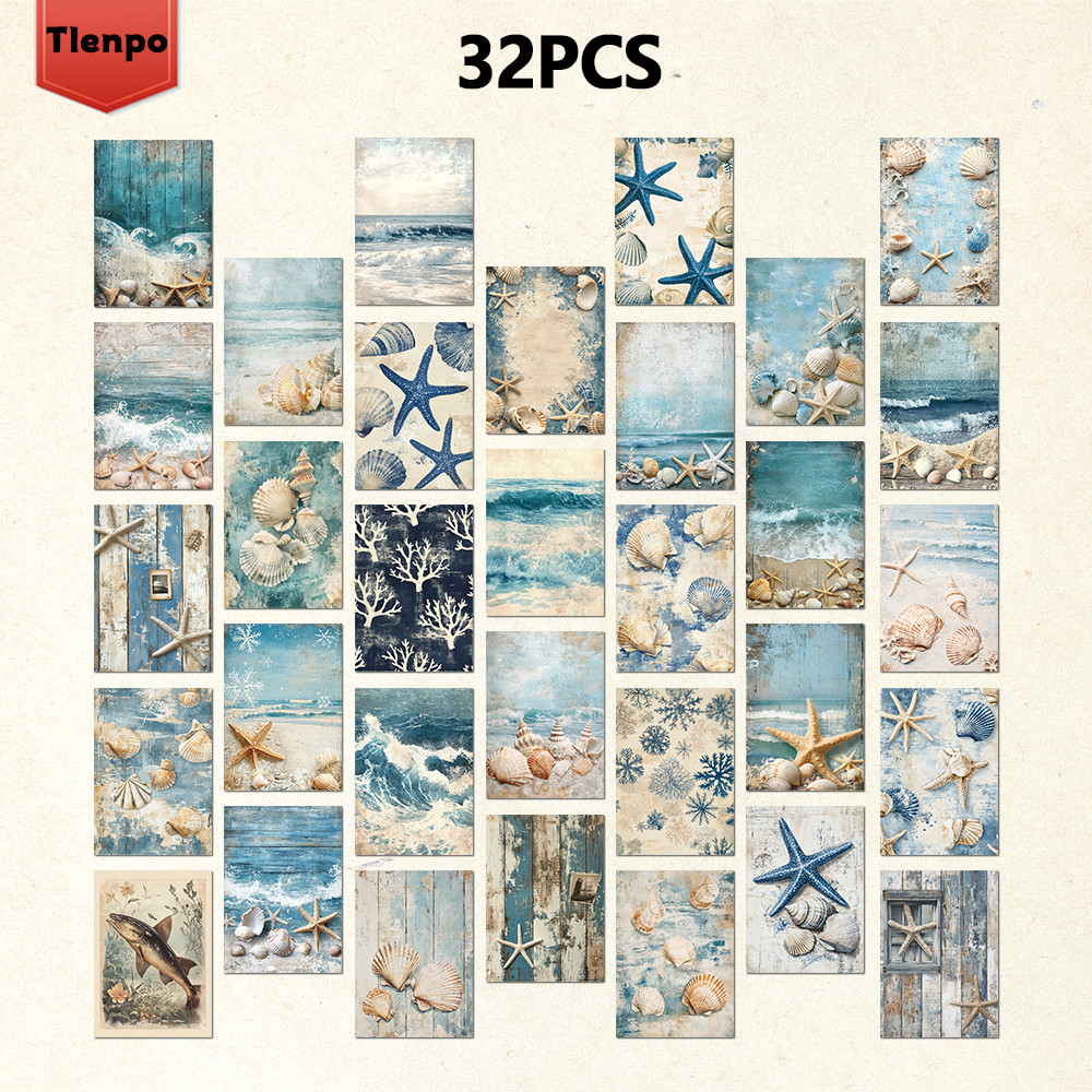 

32pcs, blue vintage ocean series postcards, sea, beach, waves, mailing cards, holiday cards, collectibles