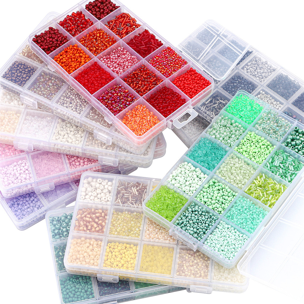 

Glass Rice & Tube Beads Professional Craft Kit - 15-Grid Box with 12 Colors, 150g for Jewelry, Bracelet & DIY Charms