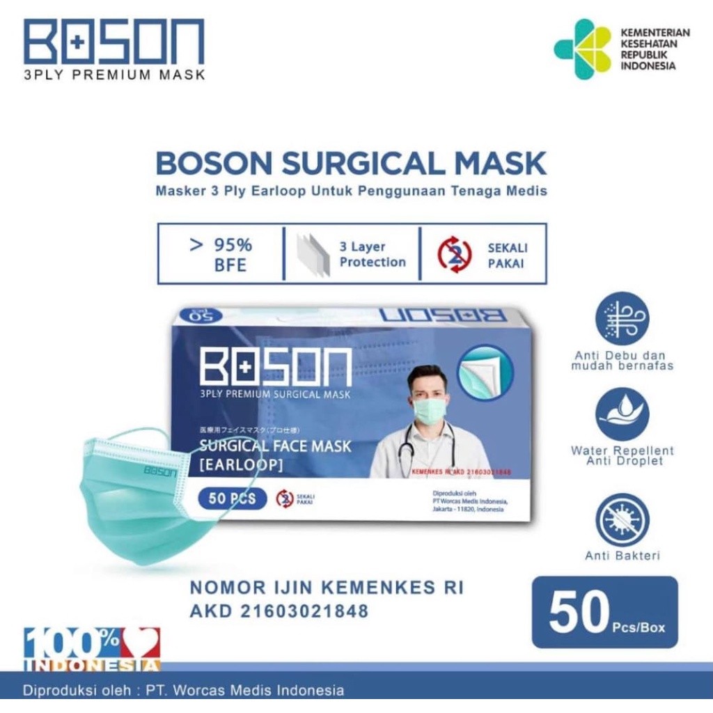 Terlaris Boson Masker Surgical Mask Earloop 3 Ply - Masker Medis Isi 50 Pcs