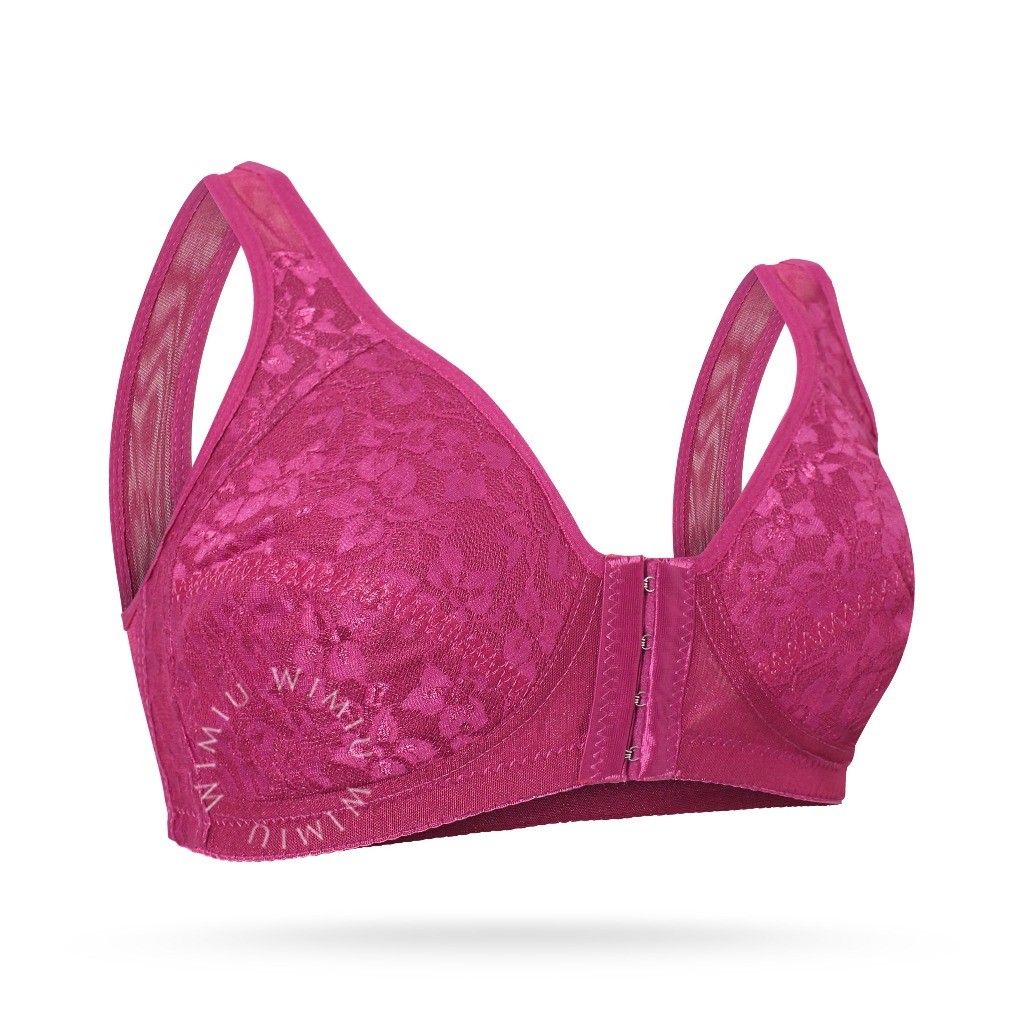 WIMIU BH Bra Wanita Kait Kancing Depan BH Tanpa Kawat Tanpa Busa Motif Bunga Brokat Wireless Bra 100