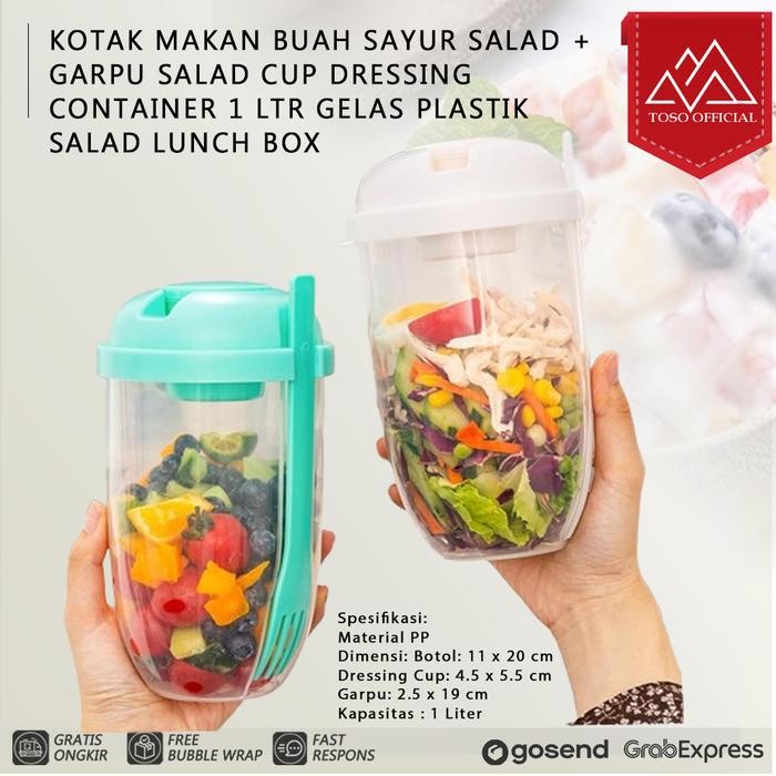 [TERLARIS] Kotak Makan Buah Sayur Salad + Garpu Salad Cup Portable Dressing Container 1 Ltr Gelas Pl