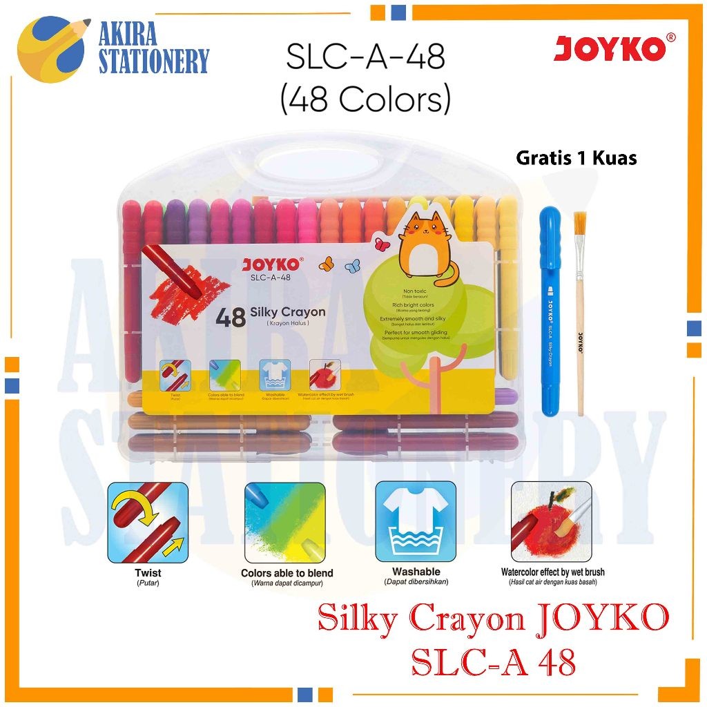

New Crayon Silky JOYKO SLC A 48 Warna / Krayon Halus JOYKO SLC A48 Diputar / Kerayon Premium Lembut SLC-A-48 Colours Twist Hard Case Tidak Beracun + Kuas ( SET )Premium