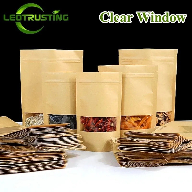 

100PCS Stand-up Kraft Paper Clear Window Ziplock Bag DIY Matcha Snack Coffee Beans Beaf Sugar Candy Spice Tea Storage Pouches
