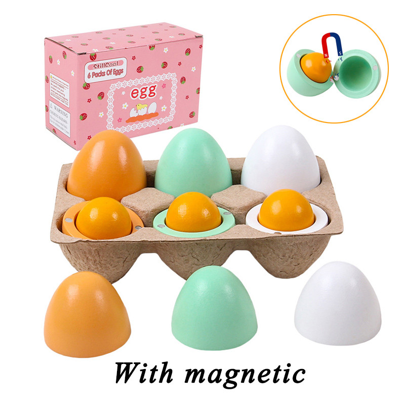 Children's Wooden Magnetic Egg Pretend Kitchen Toy Simulation Color Egg Magnetic Separable Egg Yolk 