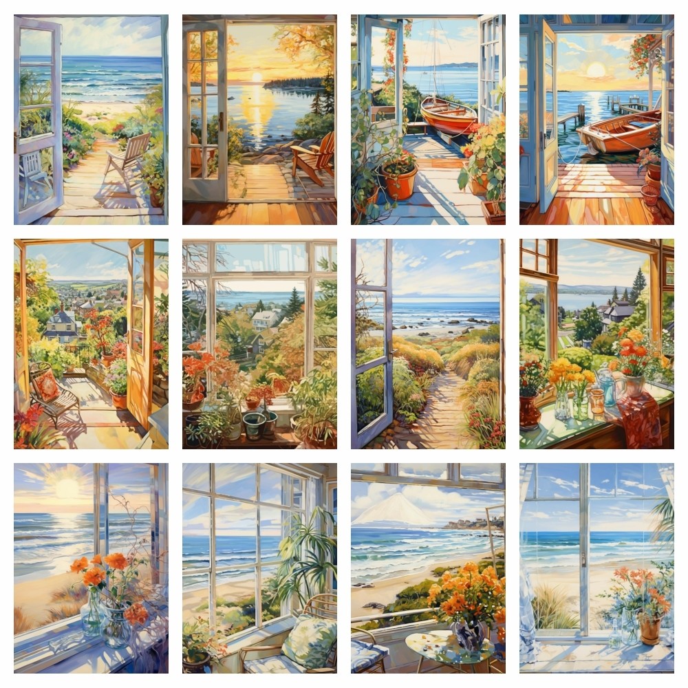 

AZQSD Picture Oil Painting By Numbers Seaside Landscape 40x50cm Diy HandPainted Acrylic Coloring On Canvas Scenery Home Decor
