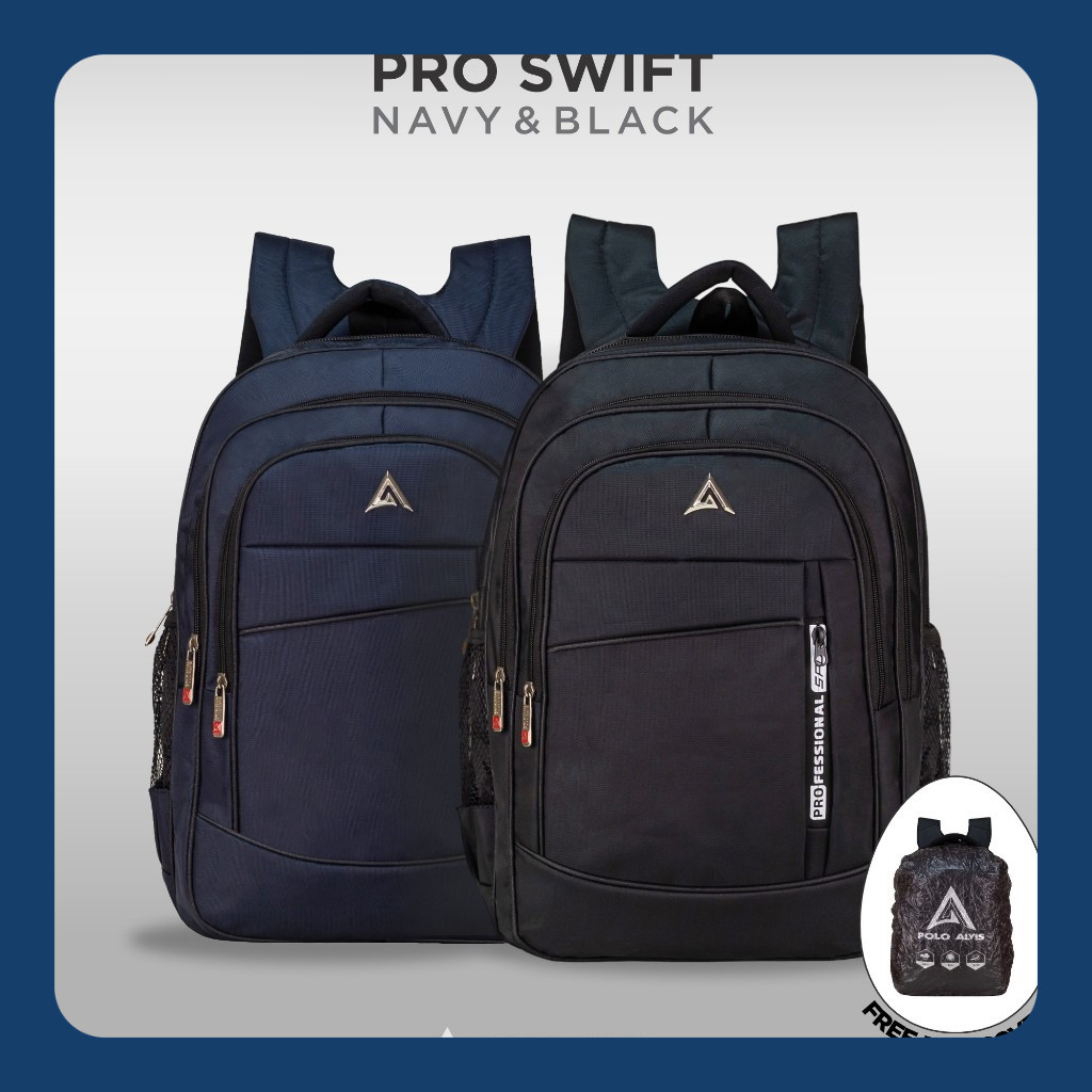 POLO ALVIS - Pro Swift Tas Laptop Sekolah SMP SMA Kuliah Kerja kantor Bahan Nylon Tebal + Rain Cover