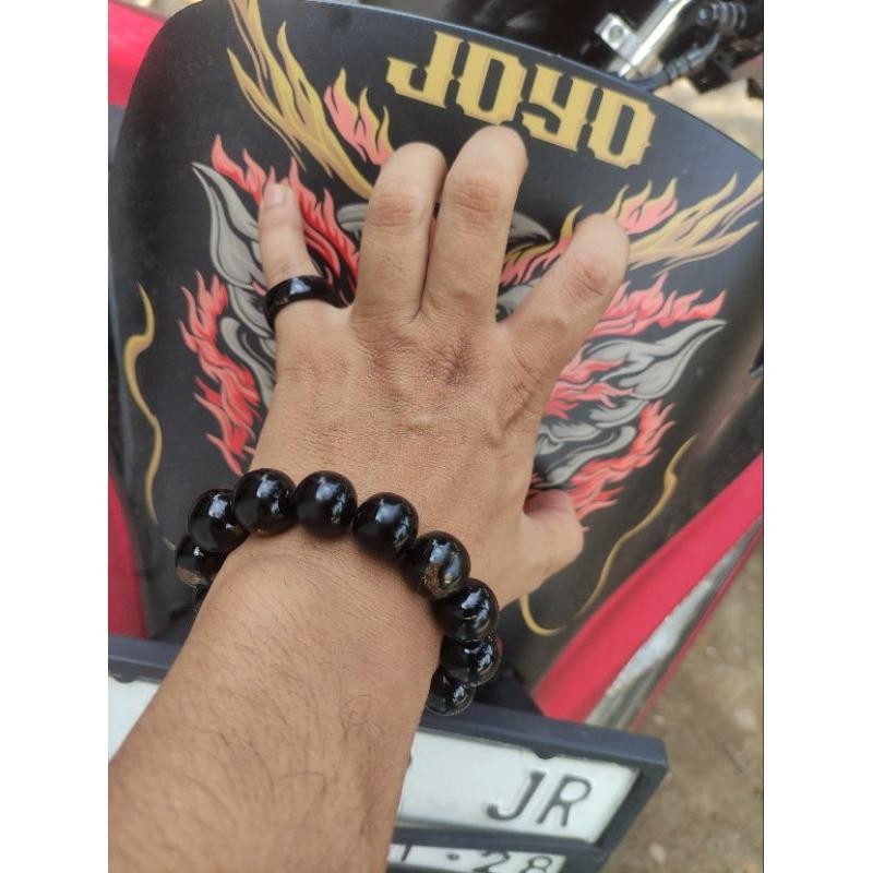 GELANG TASBIH FOSIL AKAR BAHAR YUSER HITAM NATURAL SEMI JUMBO