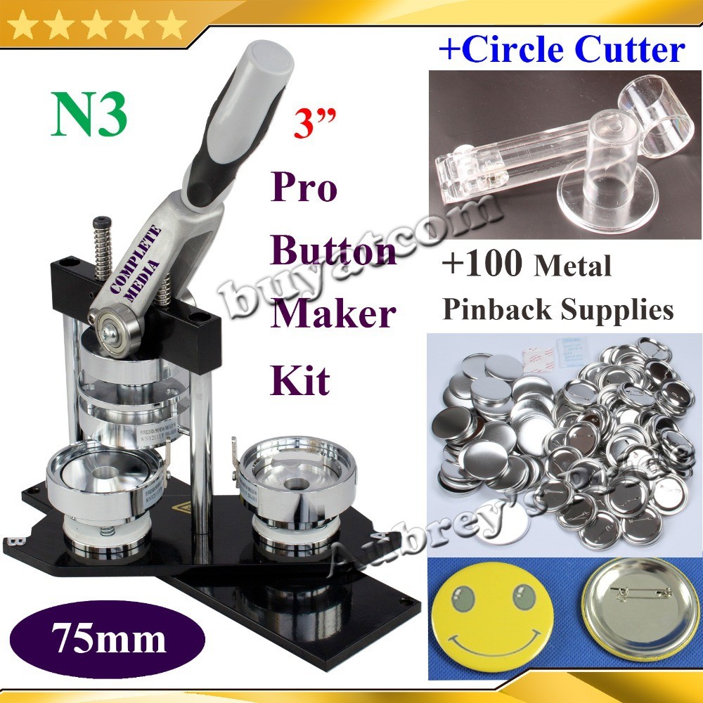 

NEW Professional N3 3" 75mm Badge Button Maker Machine +Adjustable Circle Cutter+100 Set Metal Pinback Button Supply