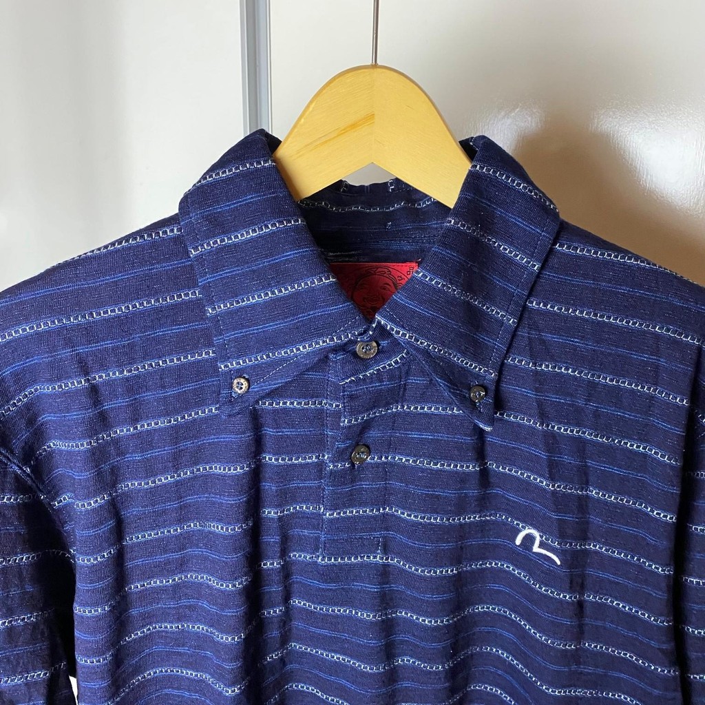 Evisu Yamane Japan Long Sleeve Slubby Striped Indigo Polo Shirt Navy Size 40 BNWT