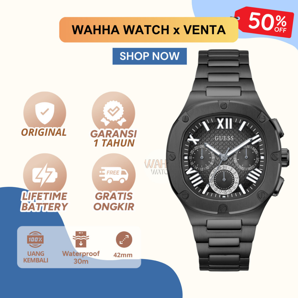 Jam Tangan Analog Pria Guess Headline GW0572G3 Men Black Stainless Steel [BERGARANSI]