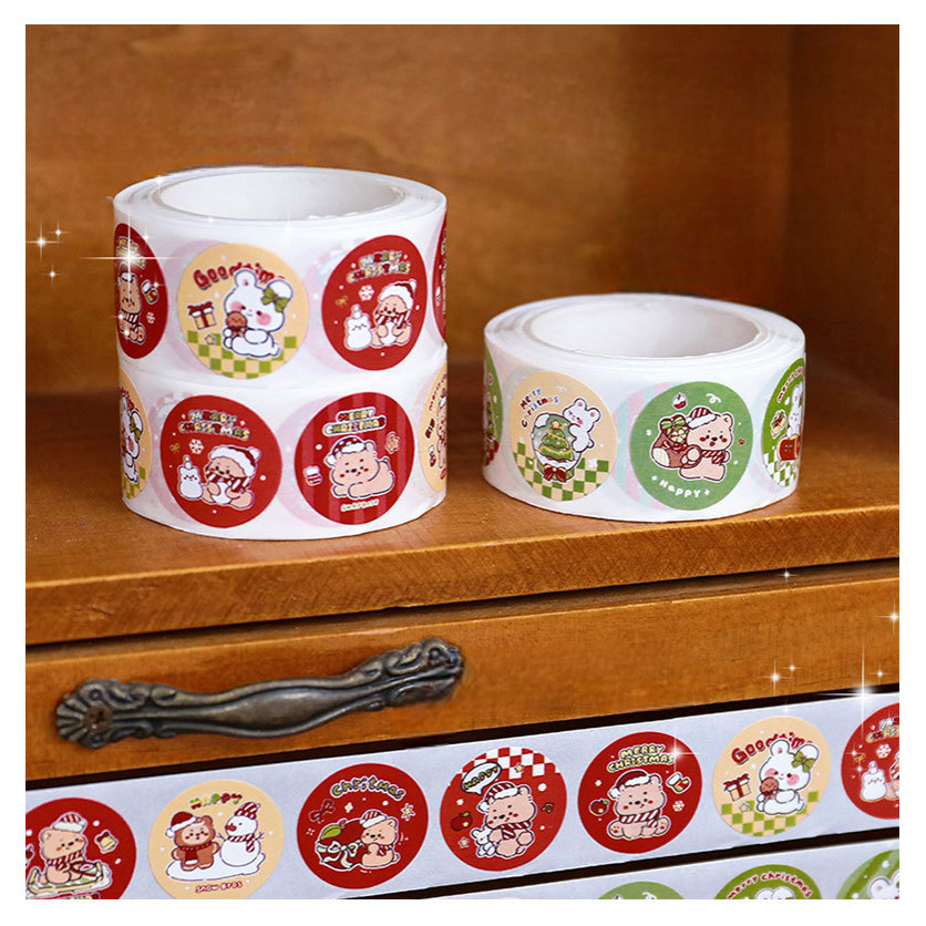 

Sticker Roll Natal Christmas Xmas Rabbit and Bear Cute Stiker DIY isi 300 Roll Bulat A-SK004