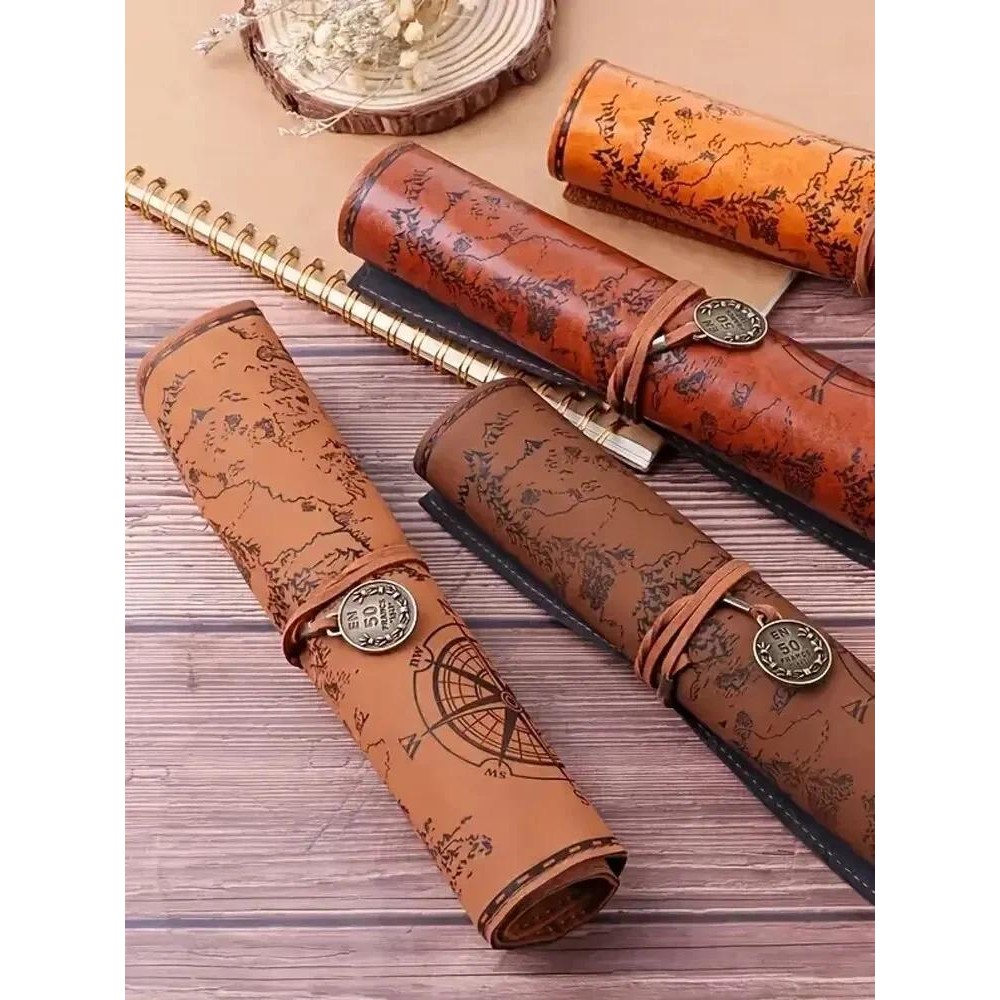 

Vintage Treasure Map Pencil Case, Leather Roll-Up Pouch w/ Embossed Buckle, Large Capacity School Office Organizer (Gift)