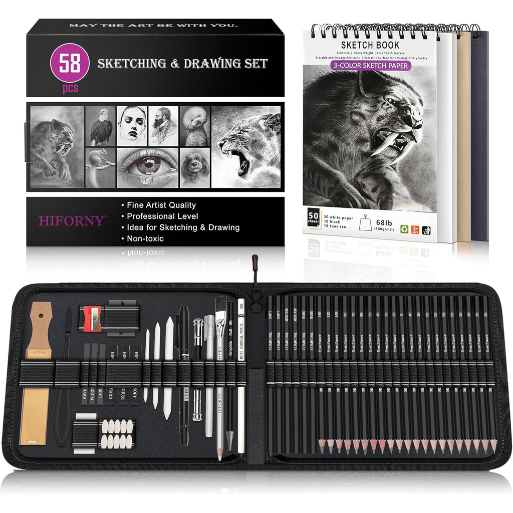 

58 Pcs Drawing Kit Sketching Pencil Set,Sketch Pencils Art Supplies with 3-Color Sketchbook,Graphite,Charcoal,Drawing Pencils