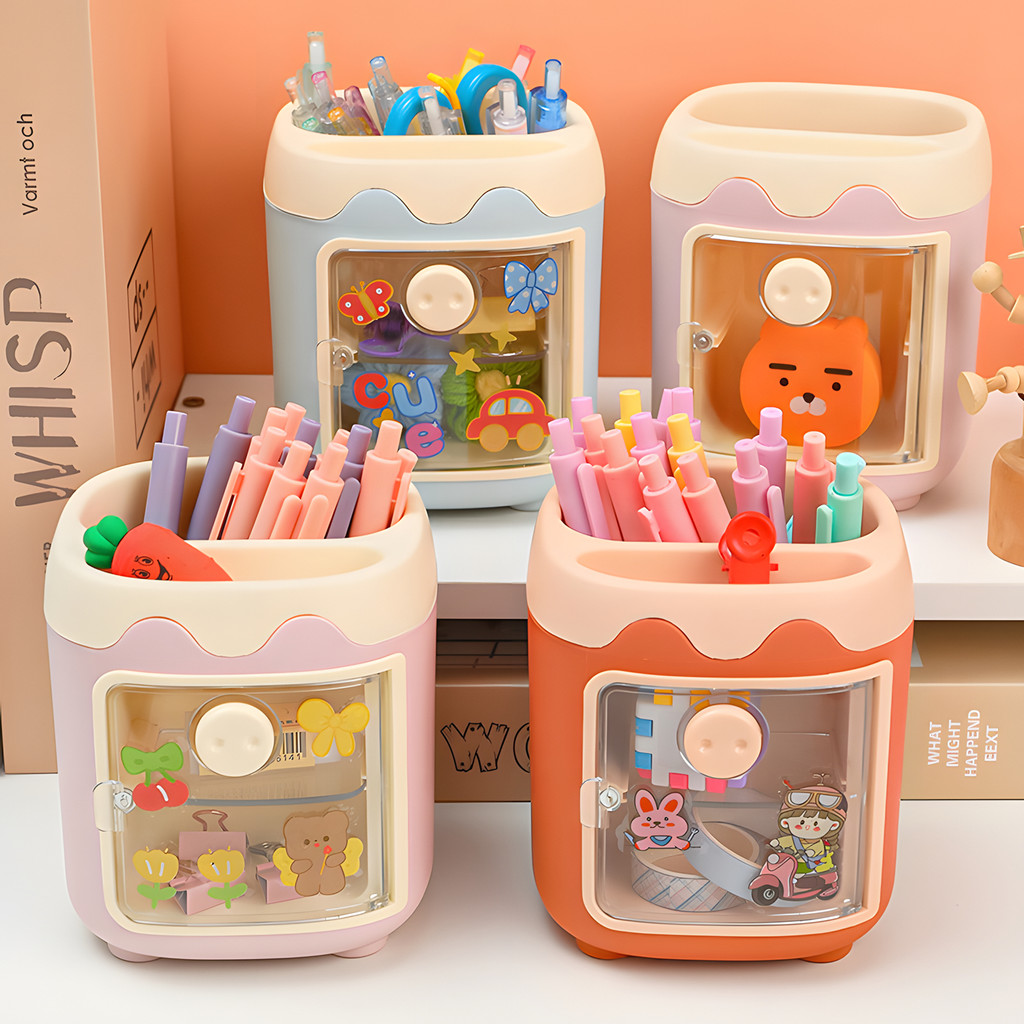 

Pen Holder Pencil Organizer with Drawer, Cosmetic Makeup Brushes Holder for Dressing Table, Pig Nose Cute Pen Holder Office