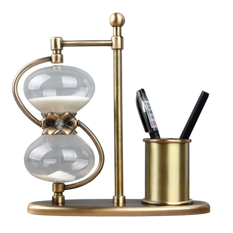 

15/30/60 Min Hourglass And Pen Holder Decor Pencil Vase Metal Luxury Hourglass Timer Office Home Desktop Ornament Sand Clock