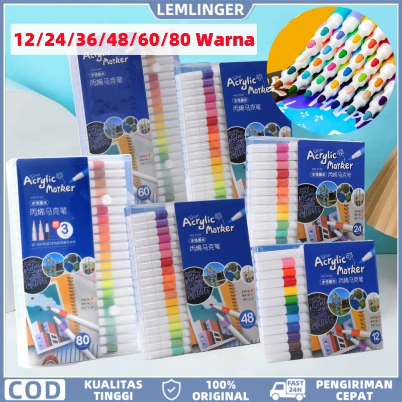 

【LEMLINGER】Acrylic Marker Set Spidol Akrilik DIY Painting Spidol Pastel Pulpen Highlight Drawing Warna 12/24/36/48/60/80 Warnas