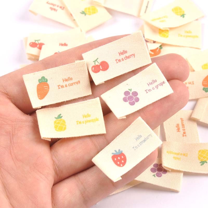 

Mixed Fruits Pattern 50pcs Handmade Cotton Woven Label For Clothing Care Labels Cartoon Shoes Bags Garment Tags 15x30mm CP2891