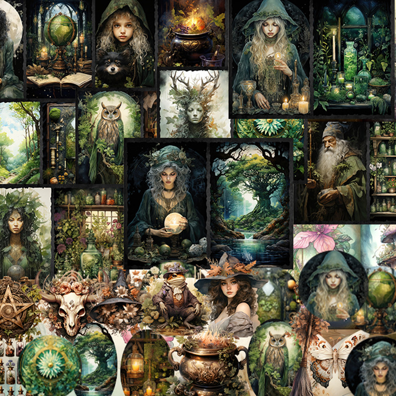 

54pcs Paper and Sticker Set, Magical Forest Theme with Herb, Animal Pattern for Gift Tag, DIY Paper Craft for Jurnal Materials