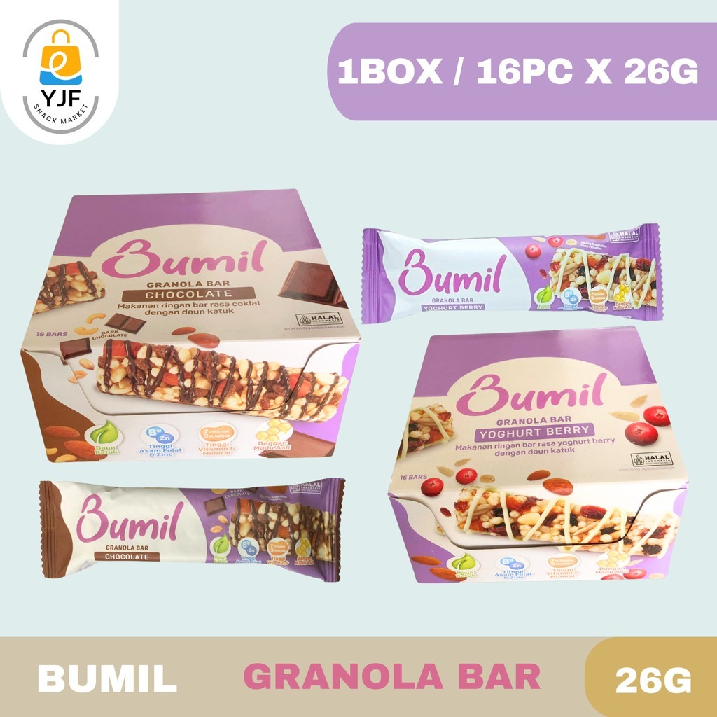 

Bumil Granola Bar 26g - 1BOX/16PCS Granola Bar Rasa Yoghurt Bar / Rasa Chocolate Bar / Snack Ibu Hamil / Cemilan Ibu Hamil