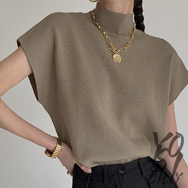 Rompi Turtleneck Setengah Rajutan Rompi Wanita Kaos Longgar Pendek Lengan Pendek Atasan Musim Panas 