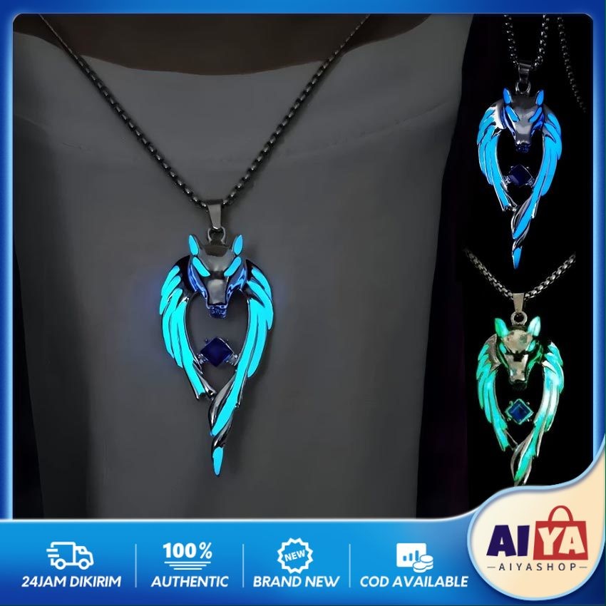 Kalung Serigala Glow In The Dark Batu Biru hijau / Kalung Titanium Pria wanita Gaya Rock Hiphop / Ka