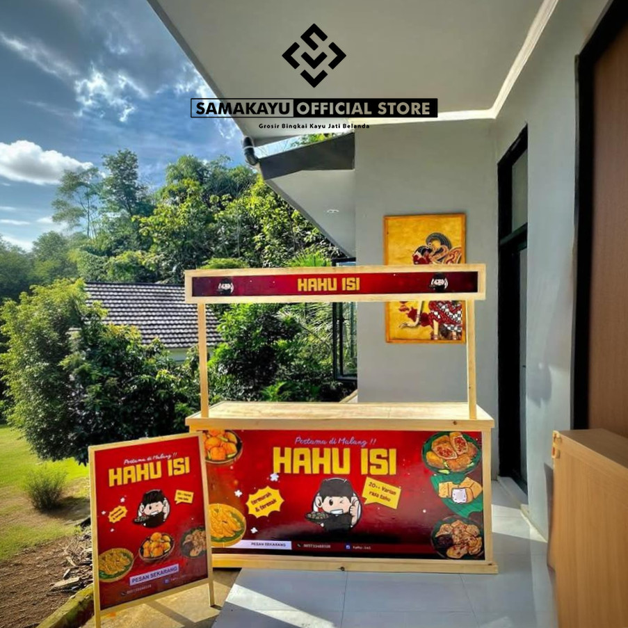 Booth Portable Lipat Kayu Pinus Premium – Meja Usaha Jualan Food & Minuman + FREE Desain Banner Cust