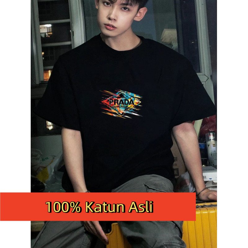 Kaos Pria Oversize dengan Cetakan PRADA Cat Air Warna Warni, Pengiriman Gratis & COD
