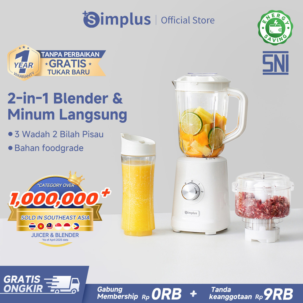 Simplus Blender Penghalus Daging 1.25L Kapasitas Besar 3 Wadah Cangkir Portabel 3 Mode Penghalus Mak