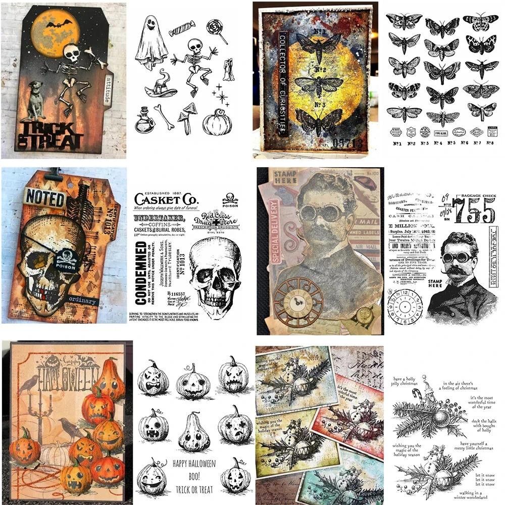 

Halloween Skeleton Head Pumpkin Lantern Ornament Clear Stamps Butterfly Winter Stamp Set For DIY Scrapbooking Card Making Craft
