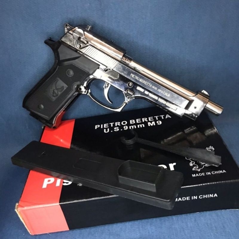 BISA COD Korek Api Gas Pistol Baretta Unik M9 Pistol Silver Hitam  Besar Korek Gas Isi Ulang
