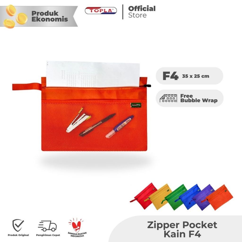 

TOPLA Zipper Pocket Kain F4 - Penyimpanan Alat Tulis & Kertas Premium