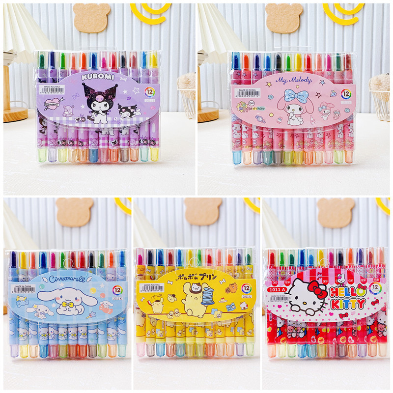 

( OTH1015 / OTH016 ) ( 1 PACK ISI 12 ) (KIDS) Alat tulis crayon pensil warna - sanrio melody kuromi cinnamoroll - purple ungu pink merah muda blue biru