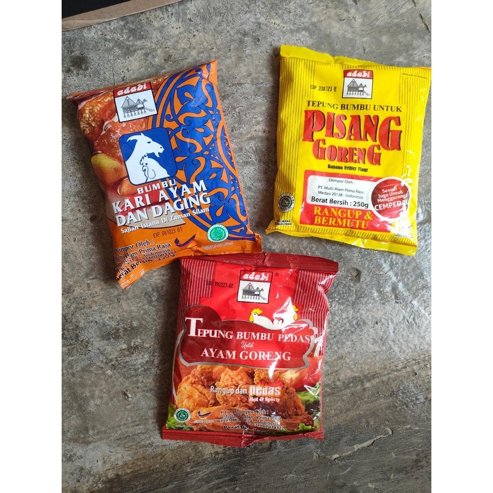 

adabi bumbu kari ayam dan daging 250gr tepung bumbu pedas 250 gr tepung pisang goreng 250gr adabi