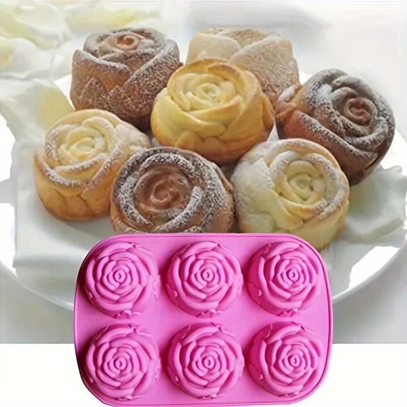 

6-Cavity Rose Shape Silicone Mold for Handmade Soap Candle Making, Baking Pan Cupcake Chocolate Ice Cube Tray DIY Craft Tool