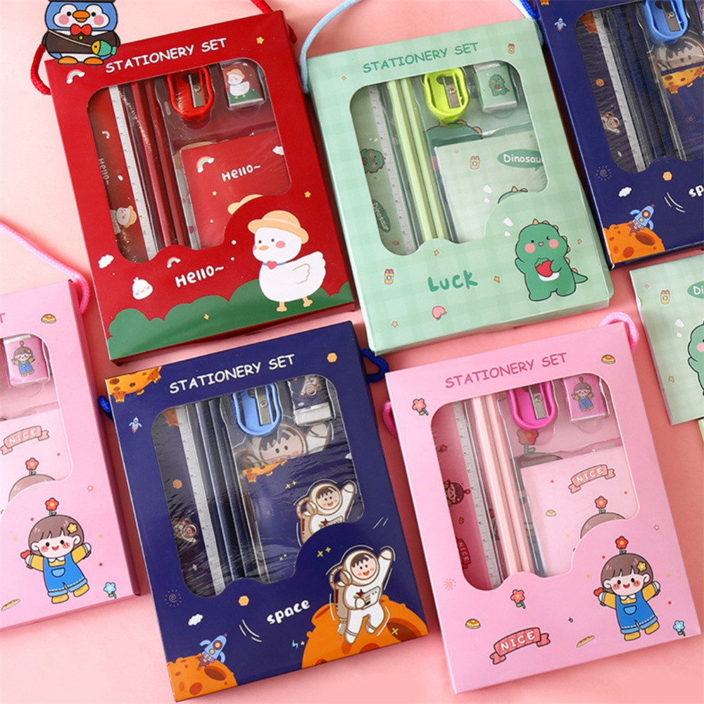

6pcs/Set Stationery Sets Boys Girls Kids Learning Gift Box Pencil Notebook Ruler Eraser Set School Students Teacher Reward Gift