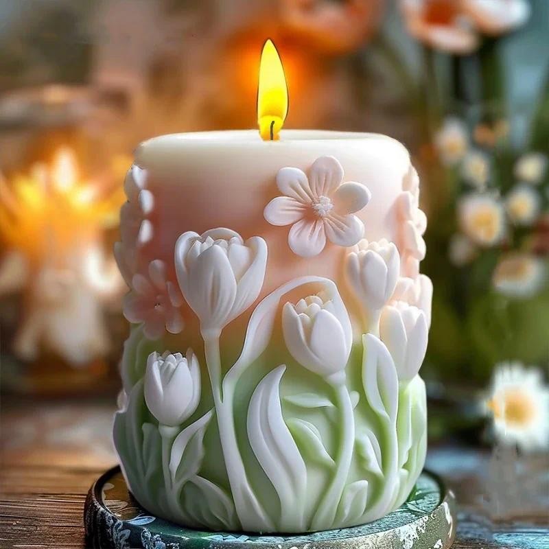 

3D Lily flower relief cylindrical candle silicone mold rose flower bouquet relief resin mould blooming peony flower gypsum molds