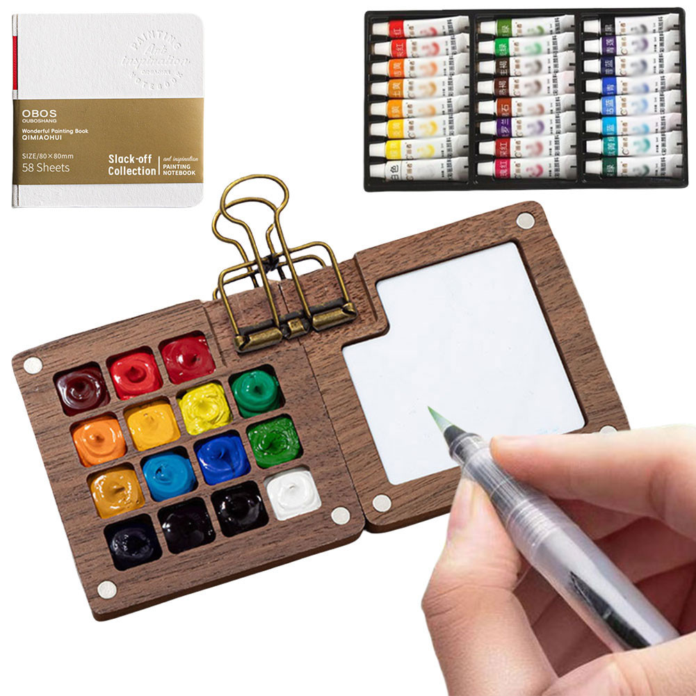 

Travel Paint Palette Mini Watercolor Palette Set with Clip Portable Watercolor Set Wooden Grid Paint Box for Watercolor Painting