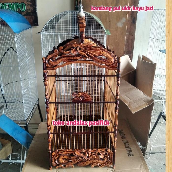 kandang burung cucak hijau No 2 ukir kayu jati motip naga/kandang ukir