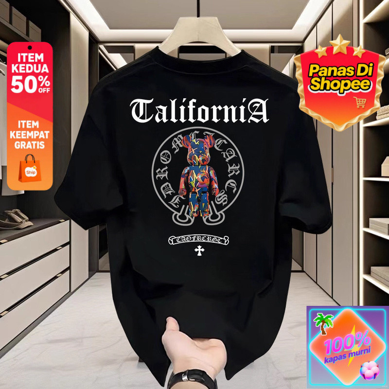 Trend Cetak Beruang Grafiti Kaos T - Shirt Pendek Pria Kasual Katun, Modis Street