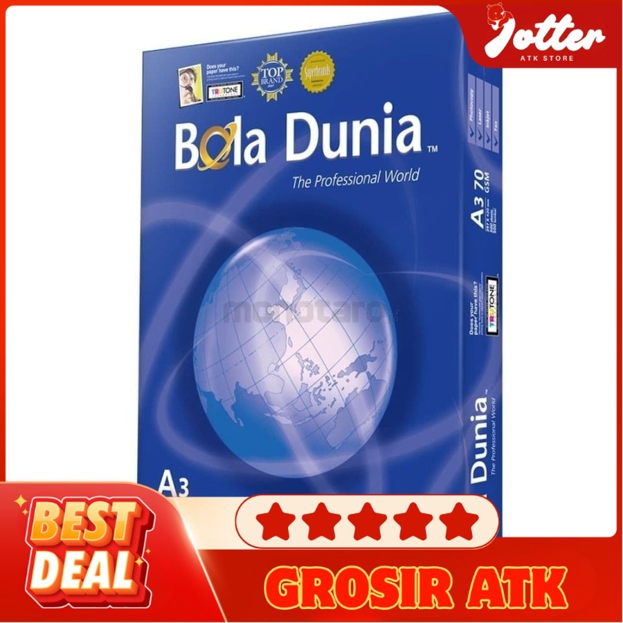 

(1 RIM) KERTAS HVS 70GSM A3 BOLA DUNIA | Jotter Grosir ATK