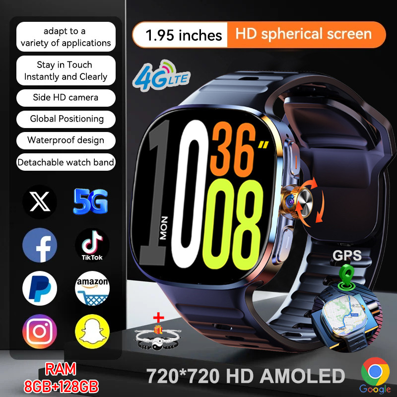 5G/4G All-Network Smart Watch 2.4 inch AMOLED 2100mah Battery 8GB+128GB RAM 1000W Camera GPS WIFI Go