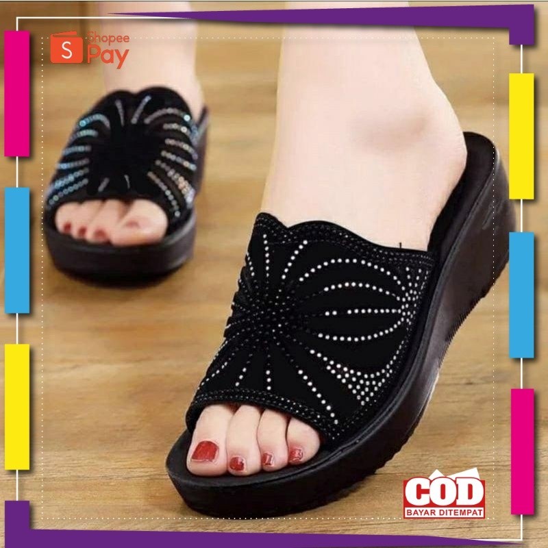 [PREMIUM ORIGINAL] LANOES Wedges Calbi Sandal Wanita Motif Bunga Sandal Calbi Wanita Sandal Selop Sa