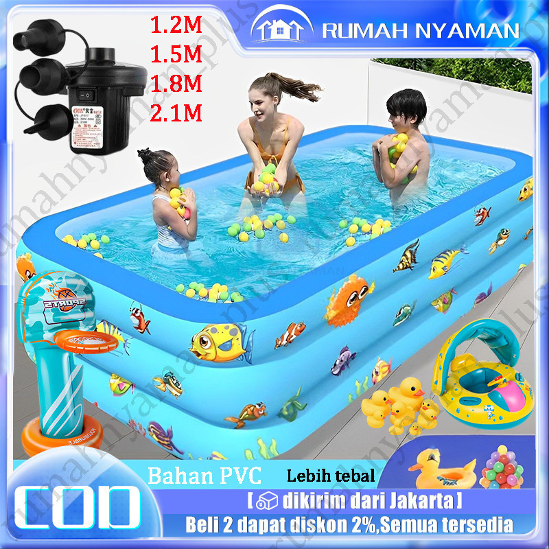 FR53ED 【Pompa udara gratis】Kolam renang anak jumbo kolam anak kotak biru besar 210 cm balon renang a