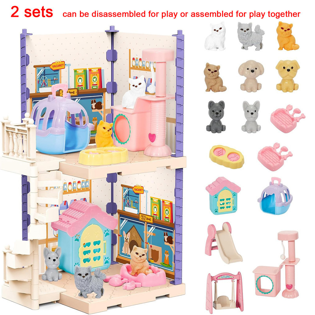Pet Pretend Toy Set Children's Toy Cat and Dog Toy House with Realistic Pet Accessories Dog and Cat 