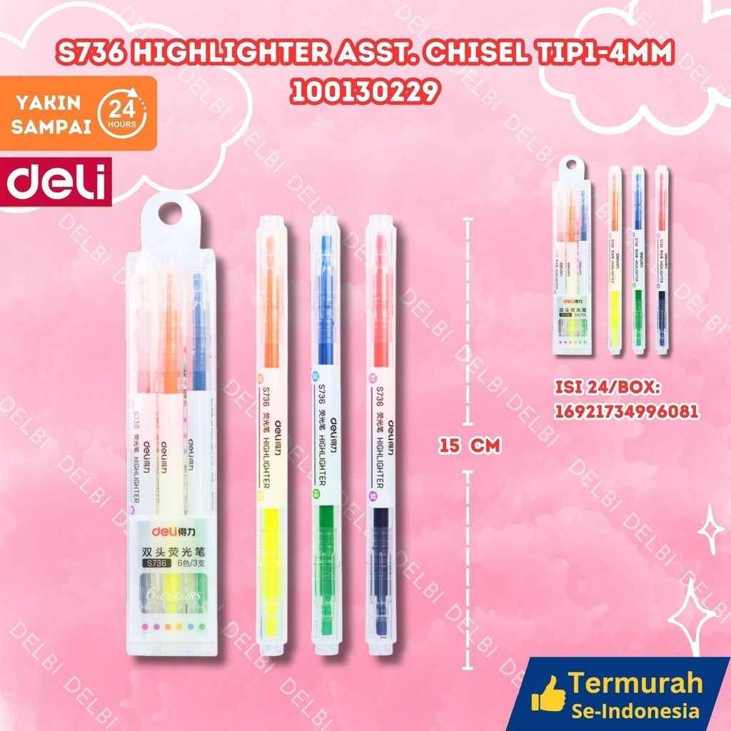 

Deli highlighter ujung 2 warna 3pcs/pak 6 warna S736 HIGHTLITER ASST. CHISEL TIPI-4MM