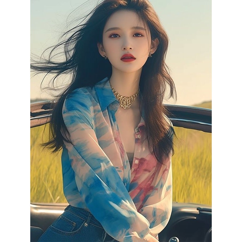 Gaya Hong Kong chic smudge kemeja lengan panjang desain wanita rasa ceruk musim panas baru yang unik