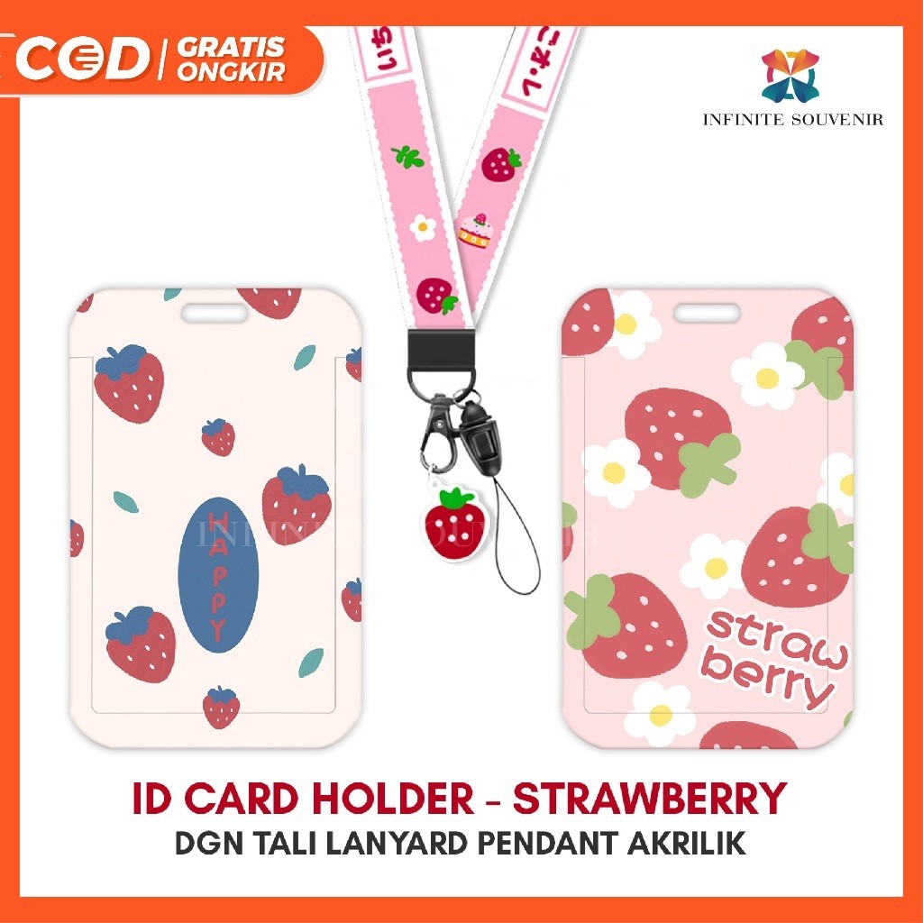 

[N003] STRAWBERRY / Name Tag Card Holder Motif STRAWBERRY / Buah Stroberi dengan Tali Lanyard Pendant Akrilik / ID Card Holder Tali Gantungan Acrylic Fruit Lucu / Nametag / Tempat Kartu Flazz / Emoney